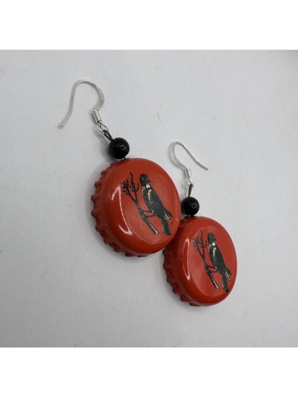 Black Bird Bottle Cap Red & Black Dangle Earrings With Trivia Design - Picture 3 of 5